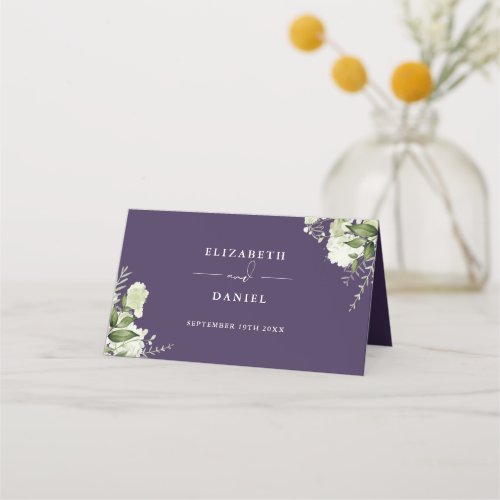 Purple Floral Greenery Wedding Folded Place Card