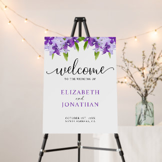 Purple Floral Greenery Wedding Welcome Sign