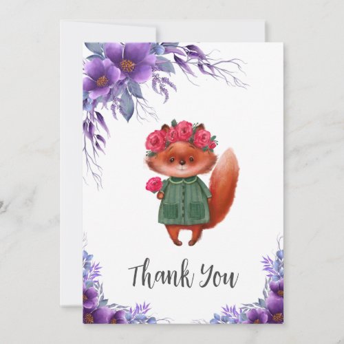 Purple Floral Greenery Woodland Fox Baby Shower Th Thank You Card