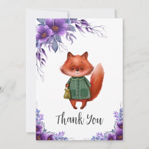 Purple Floral Greenery Woodland Fox Baby Shower  Thank You Card