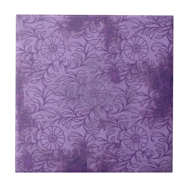 Purple Floral Grunge Ceramic Tile (Front)