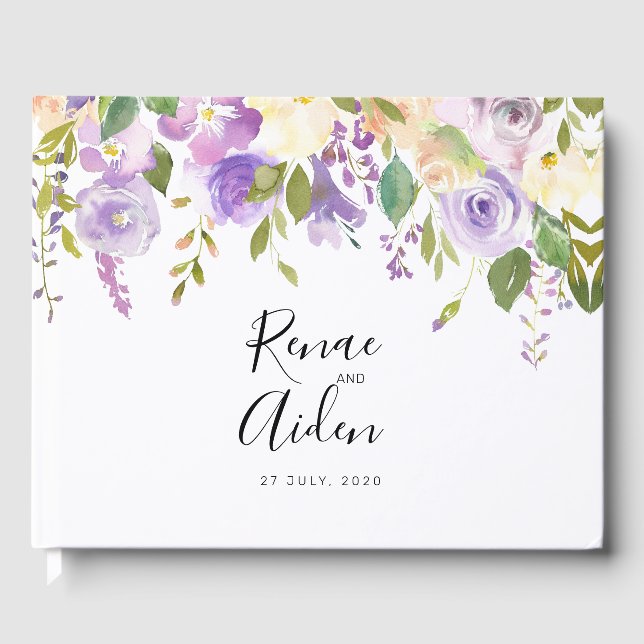 Purple floral guest book, mauve wedding book (Front)