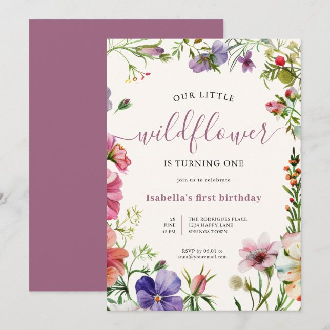 Purple Floral Gurl Little Wildflower 1st Birthday Invitation (Front/Back)