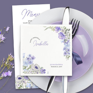Purple Floral Happy Birthday Script Name Napkins