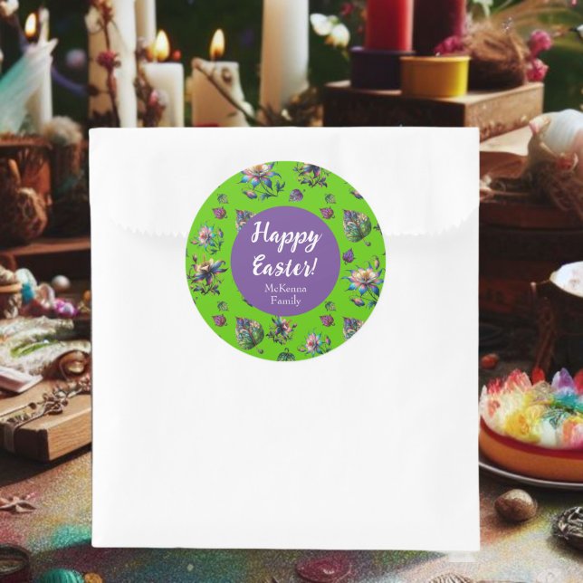 Purple Floral Happy Easter Spring Columbine Flower Classic Round Sticker (Creator Uploaded)