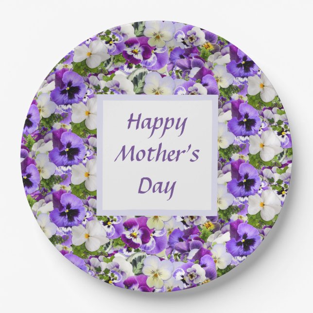 Purple  Floral Happy Mothers Day Paper Plates (Front)