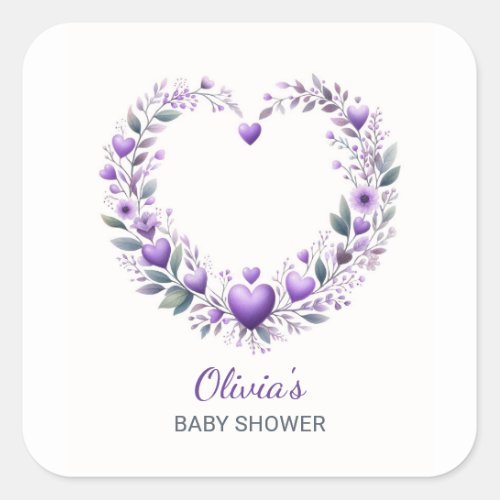 Purple Floral Heart Baby Shower Invitation Square Sticker