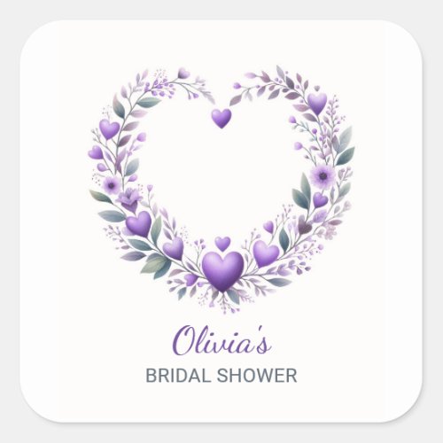 Purple Floral Heart Bridal Shower Invitation Square Sticker