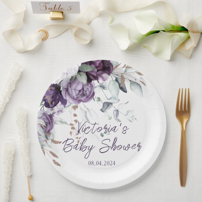 Purple Floral Heart Elegant Baby Shower Paper Plates (Wedding)