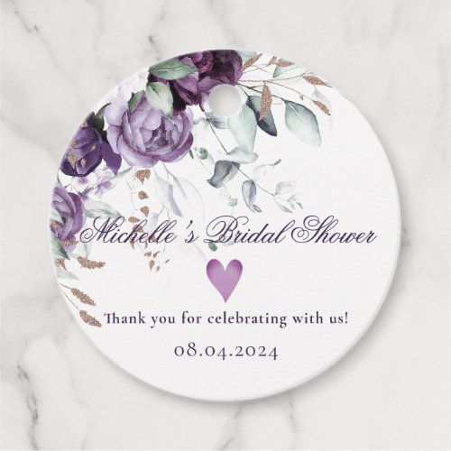 Purple Floral Heart Elegant Wedding Favor Tags