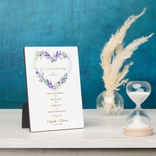 Purple Floral Heart In Loving Memory Wedding Plaque