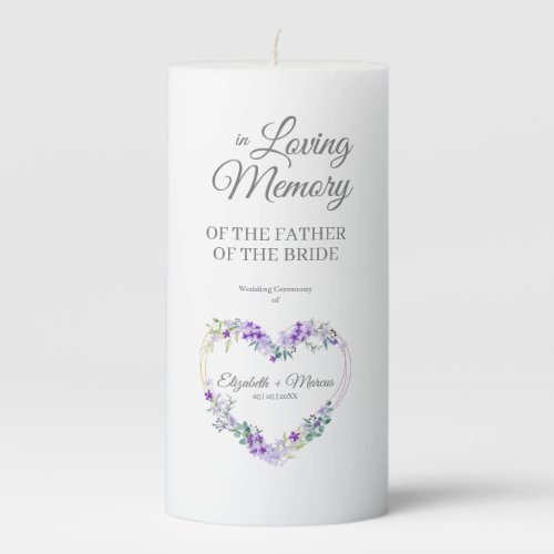 Purple Floral Heart In Loving Memory Wedding Table Pillar Candle
