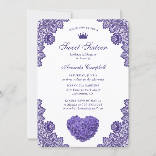 Purple Floral Heart Sweet Sixteen 16 Birthday Invitation