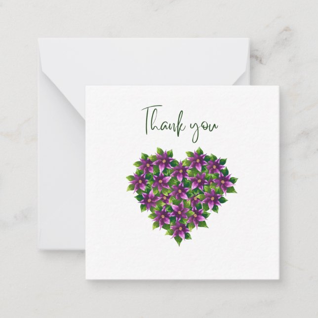 Purple Floral Heart Thank You Flat Notecard (Front)