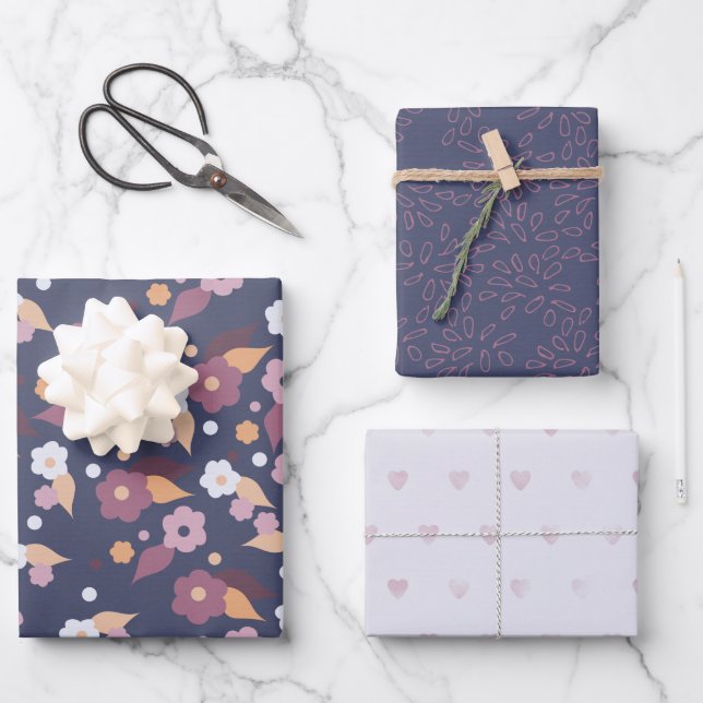 Purple Floral Hearts Mix and Match Wrapping Paper Sheets (Front)