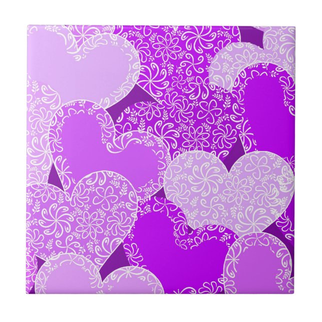 Purple floral hearts pattern ceramic tile (Front)