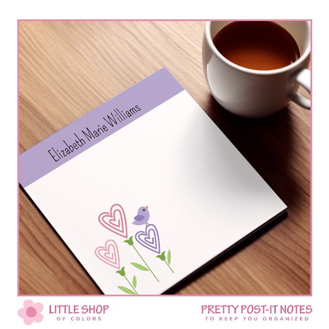 Purple Floral Hearts Personalized Post-it Notes (Creator Uploaded)