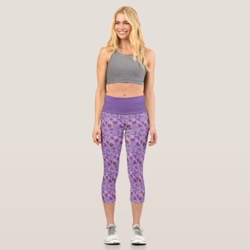 Purple Floral High Waisted Yoga Capris XS 0_2 Capri Leggings