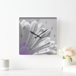 Purple Floral Highlights on Gray Square Wall Clock