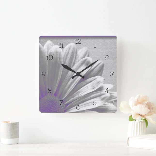Purple Floral Highlights on Gray Square Wall Clock (Home)