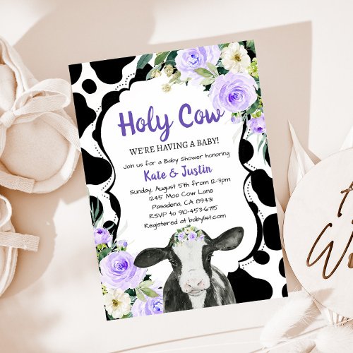 Purple Floral Holy Cow Baby Shower Invitation