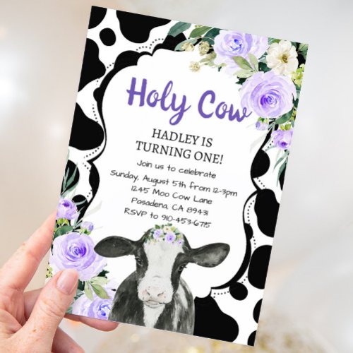 Purple Floral Holy Cow Im One Girl First Birthday Invitation
