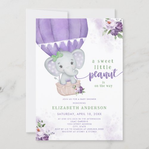 Purple Floral Hot Air Balloon Elephant Baby Shower Invitation