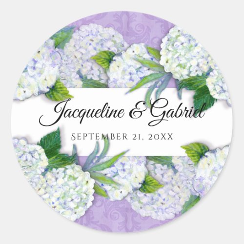 Purple Floral Hydrangea  Damask Pattern Wedding Classic Round Sticker