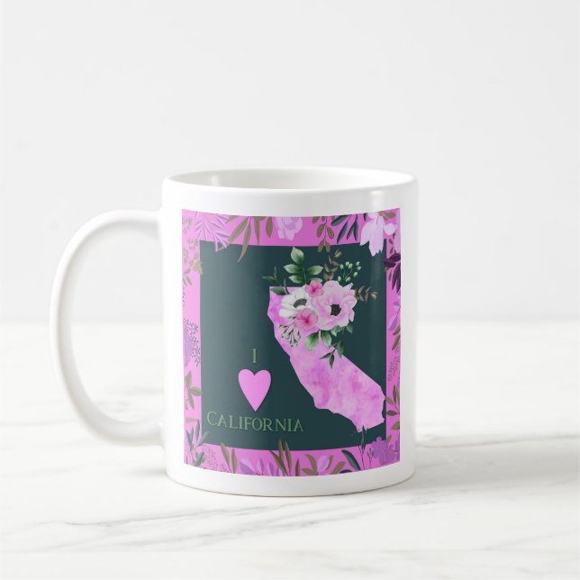 Purple Floral I Love California State Map Coffee Mug (Left)