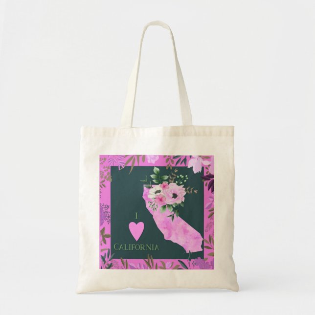 Purple Floral I Love California State Map Tote Bag (Front)
