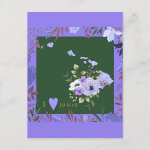 Purple Floral I Love Hawaii State Map Postcard