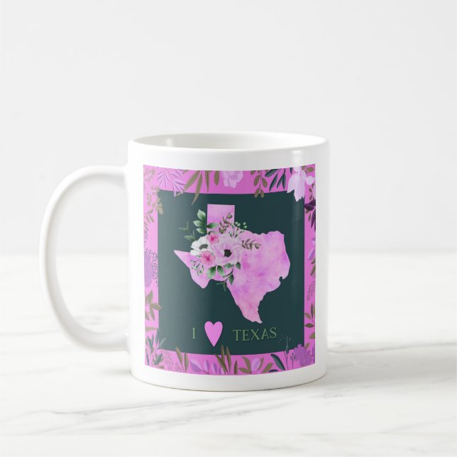 Purple Floral I Love Texas State Map Coffee Mug (Left)
