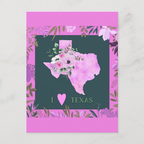 Purple Floral I Love Texas State Map Postcard