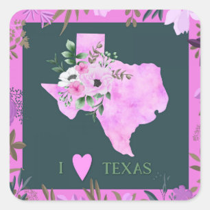 Purple Floral I Love Texas State Map Square Sticker