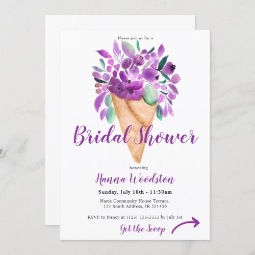Purple Floral ice cream watercolor bridal shower Invitation