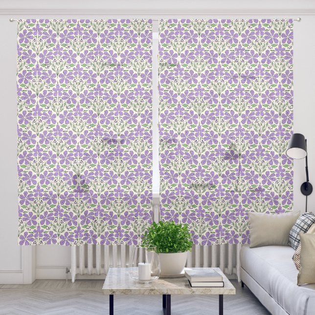 Purple Floral Illustrated Seamless Pattern Sheer Curtains (Living Room)