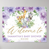 Purple Floral Jungle Animals Baby Shower Welcome  Poster