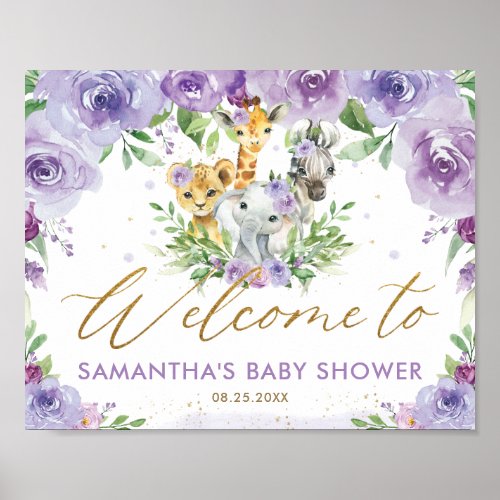Purple Floral Jungle Animals Baby Shower Welcome  Poster