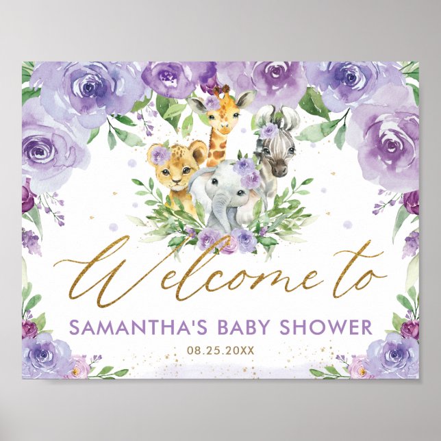 Purple Floral Jungle Animals Baby Shower Welcome  Poster (Front)