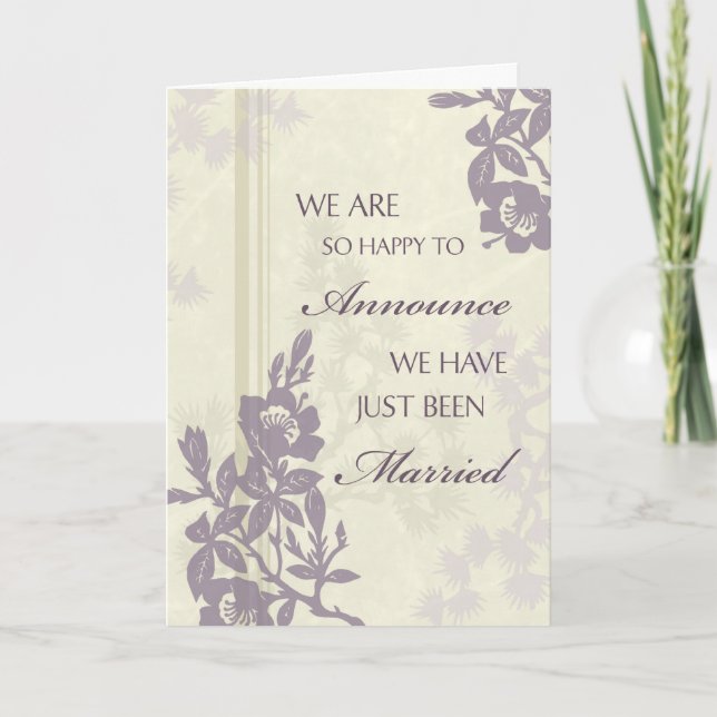 Purple Floral Just Married Announcement Card (Front)