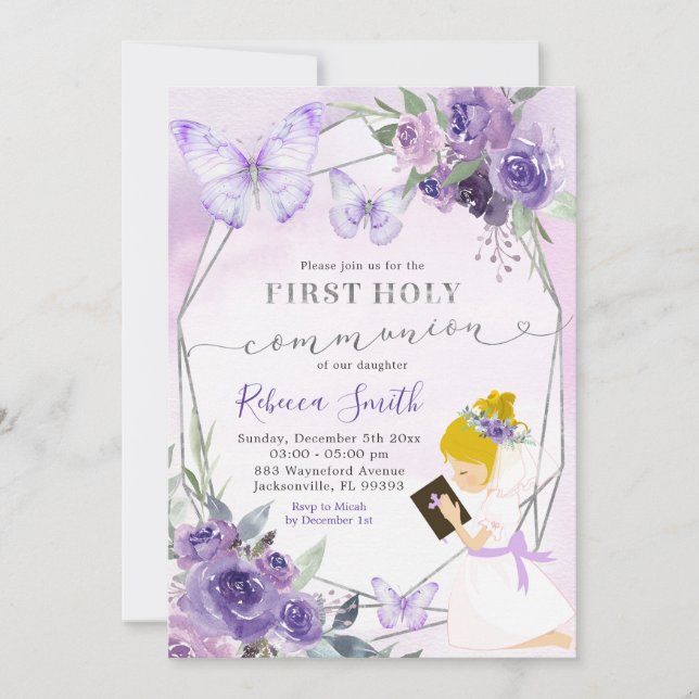 Purple Floral Kneeling Girl First Holy Communion Invitation (Front)