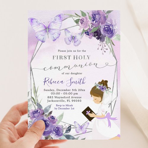 Purple Floral Kneeling Girl First Holy Communion Invitation