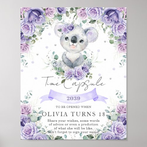 Purple Floral Koala 1st Birthday Time Capsule Sign