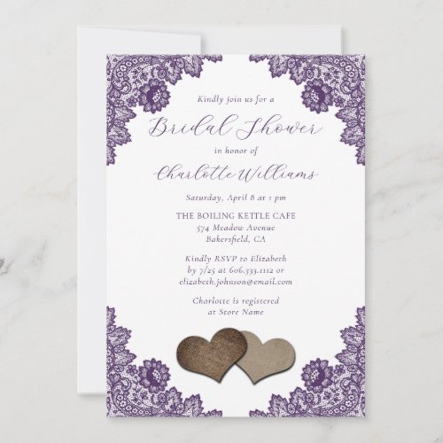 Purple Floral Lace Burlap Hearts Bridal Shower