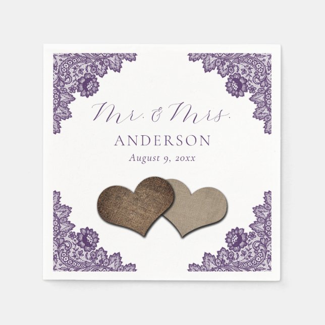 Purple Floral Lace Burlap Hearts Mr & Mrs Wedding Napkins (Front)