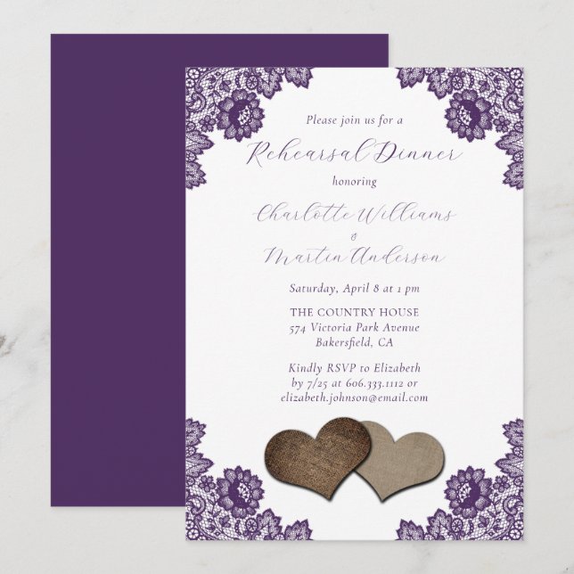 Purple Floral Lace Burlap Hearts Rehearsal Dinner Invitation (Front/Back)