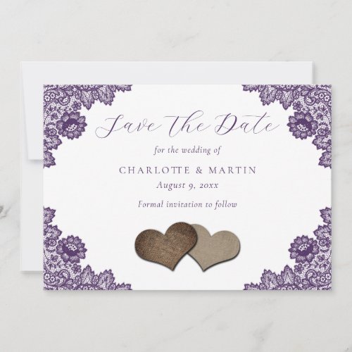 Purple Floral Lace Burlap Hearts Rustic Wedding