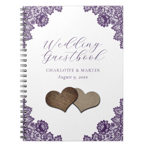 Purple Floral Lace Burlap Hearts Wedding Guestbook