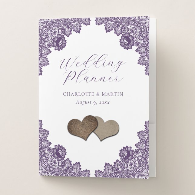 Purple Floral Lace Burlap Hearts Wedding Planner Pocket Folder (Front)