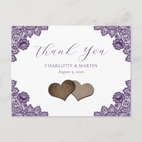 Purple Floral Lace Burlap Hearts Wedding Thank You